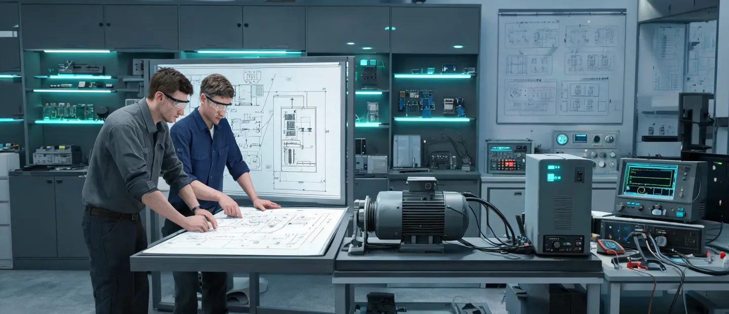Drive application engineering team reviewing an industrial control cabinet
