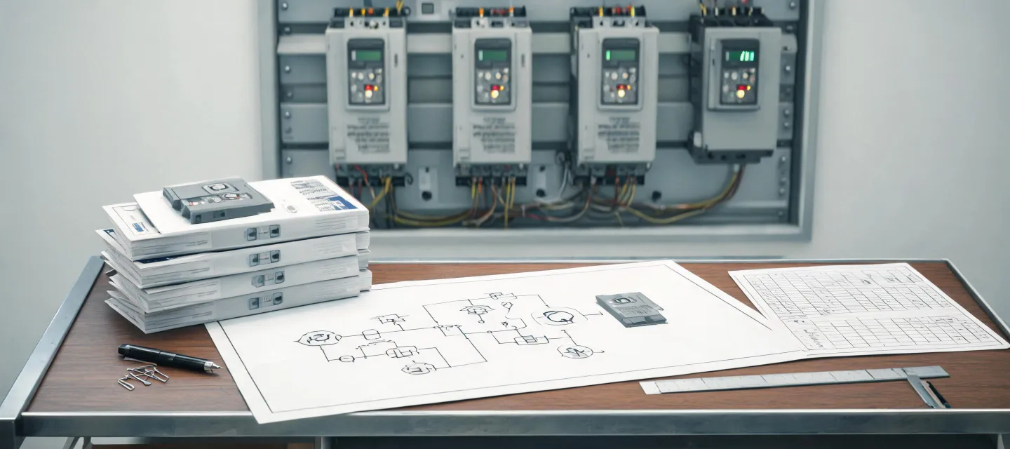 Variable frequency drive manuals, wiring diagrams and selection tables on an engineering desk
